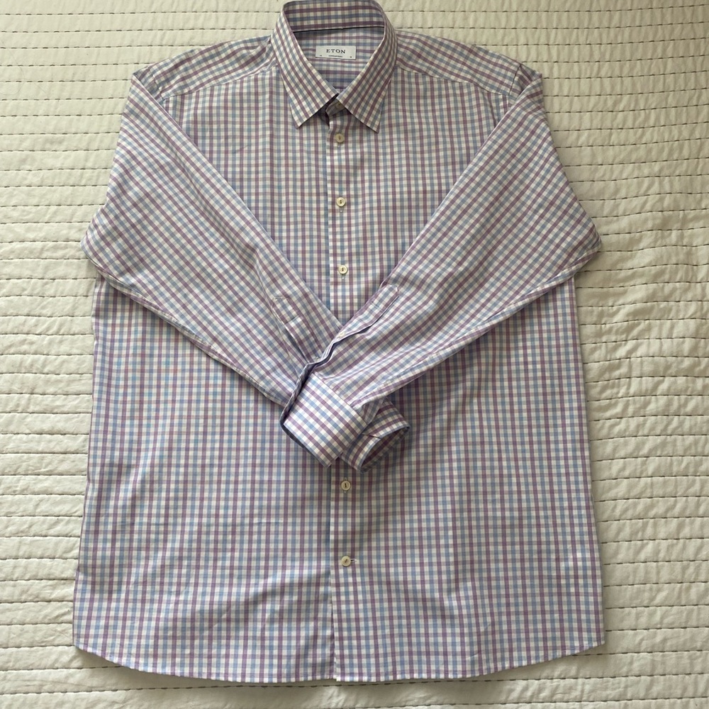 Eton Blue and Purple Dress Shirt Crisp Cotton - Picture 4 of 11